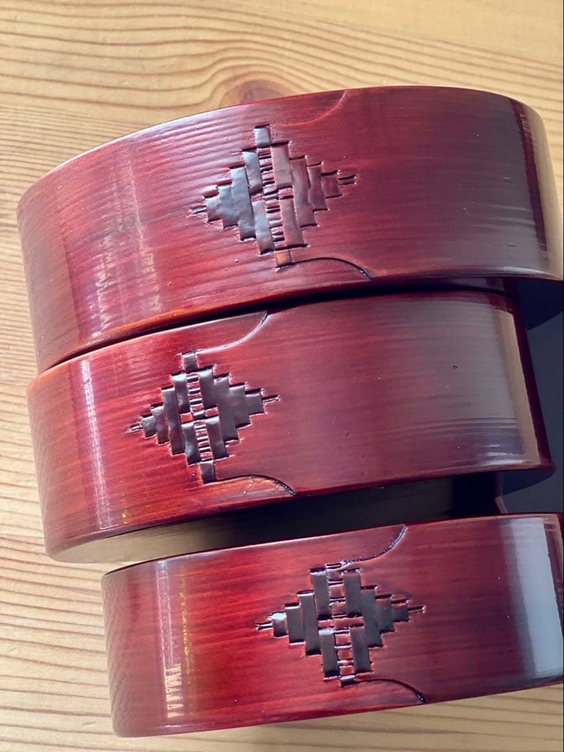 柴田慶信商店　秋田杉　曲げわっぱ　シバキ塗り　　蓋付き 七つ鉢　特注　鱗綴じ