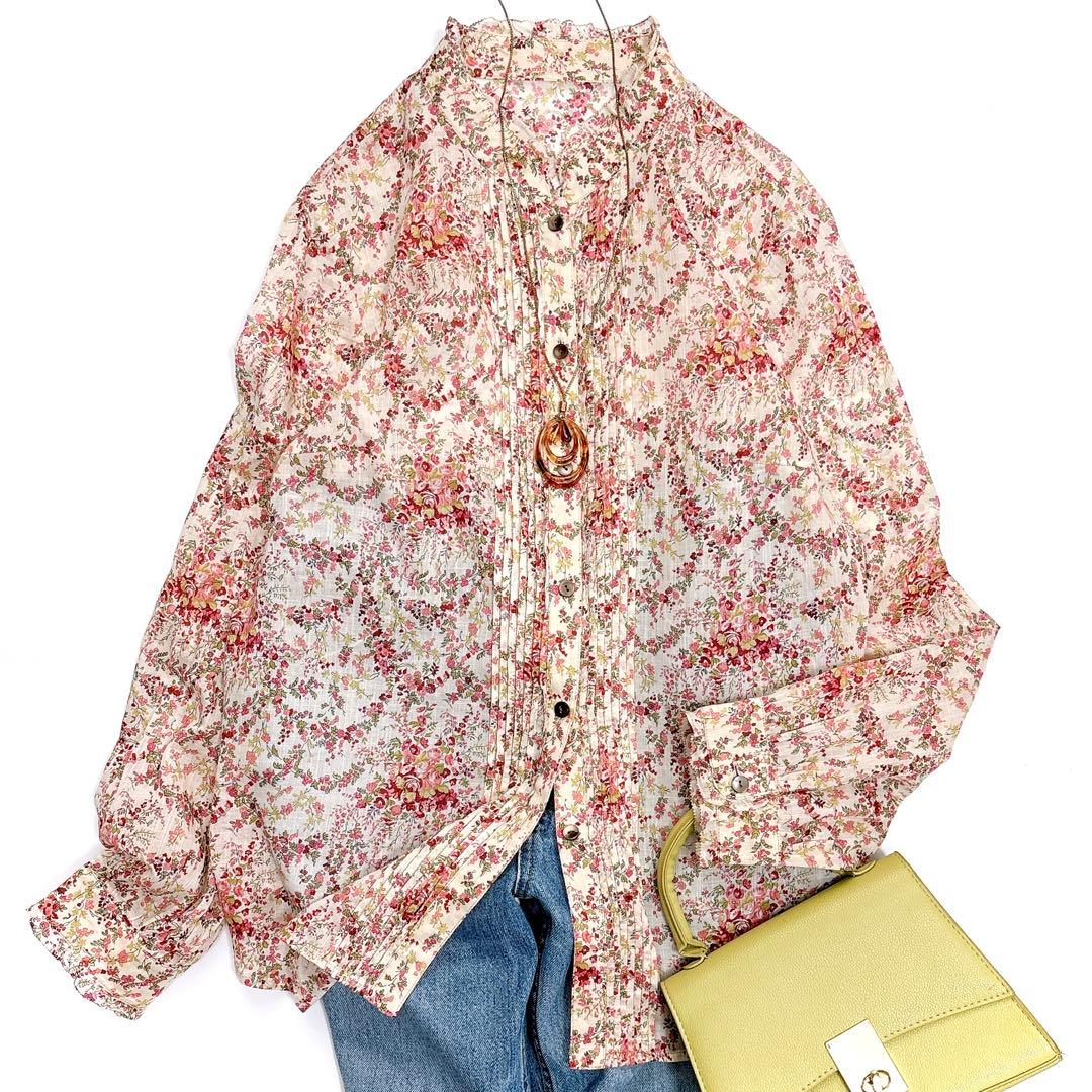 美品 Leilian レリアン コットンリネン 花柄 ピンタックブラウス 13＋