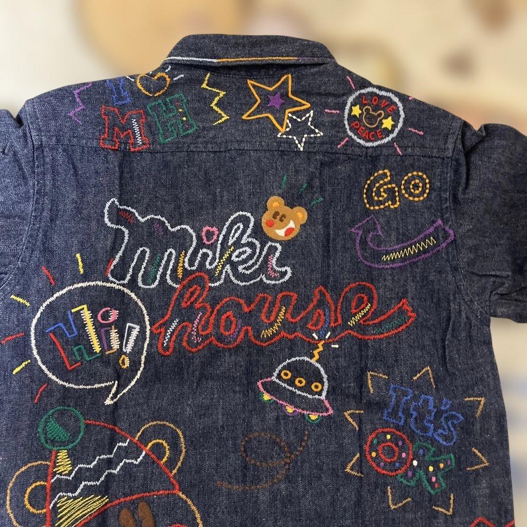 未使用タグ付ミキハウス 前後刺繍 ありデニムシャツ バッチ付 110