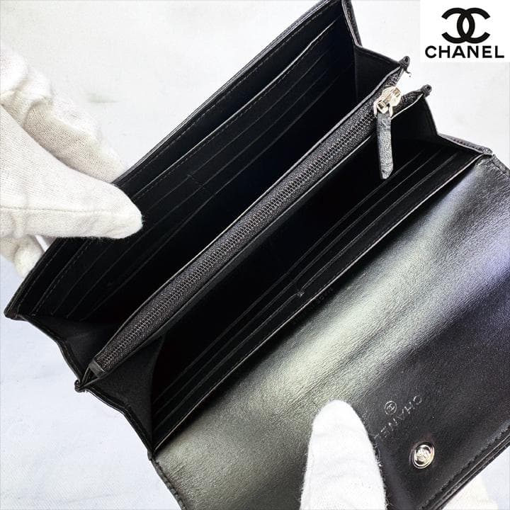 569　超美品　CHANEL　シャネル　デカココ　キャビアスキン　フラップ長財布