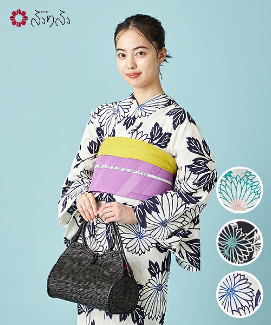 ふりふ 浴衣&帯セット「そしてゆめ」菊柄 綿100％