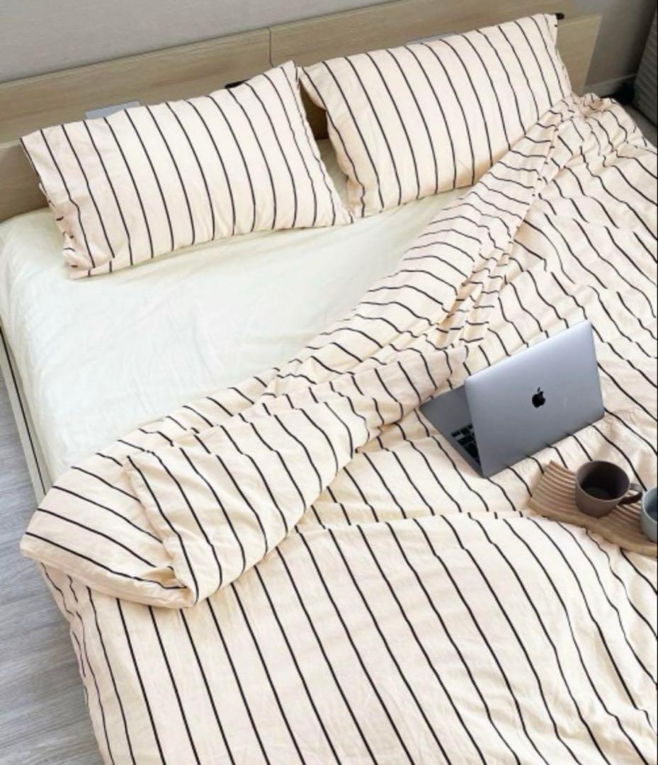 IYAN 【4点セット】ストライプ柄布団カバー/シーツ/枕カバー