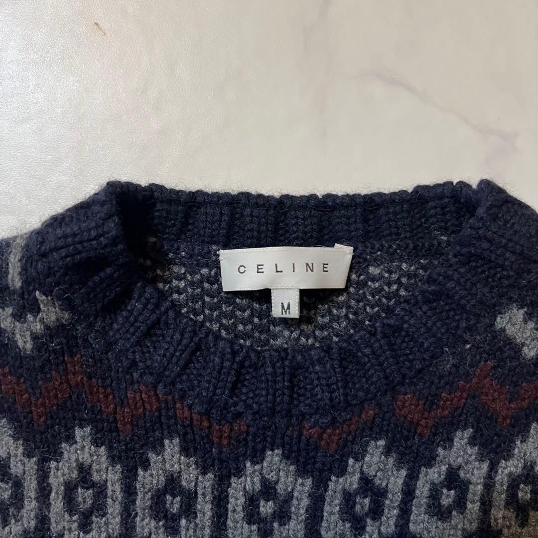 美品 CELINE カシミヤ100% ニット ベスト ジレ 総柄 M ネイビー系