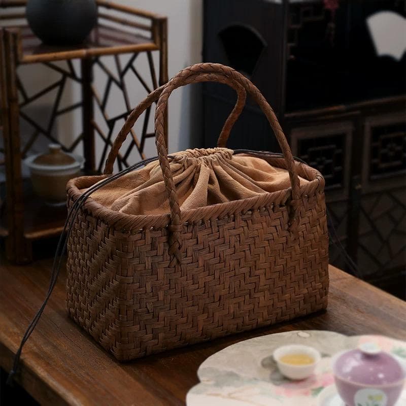 山葡萄 かごバッグ 網代編み 籠 手提げ 内布付き 収納袋 茶箱