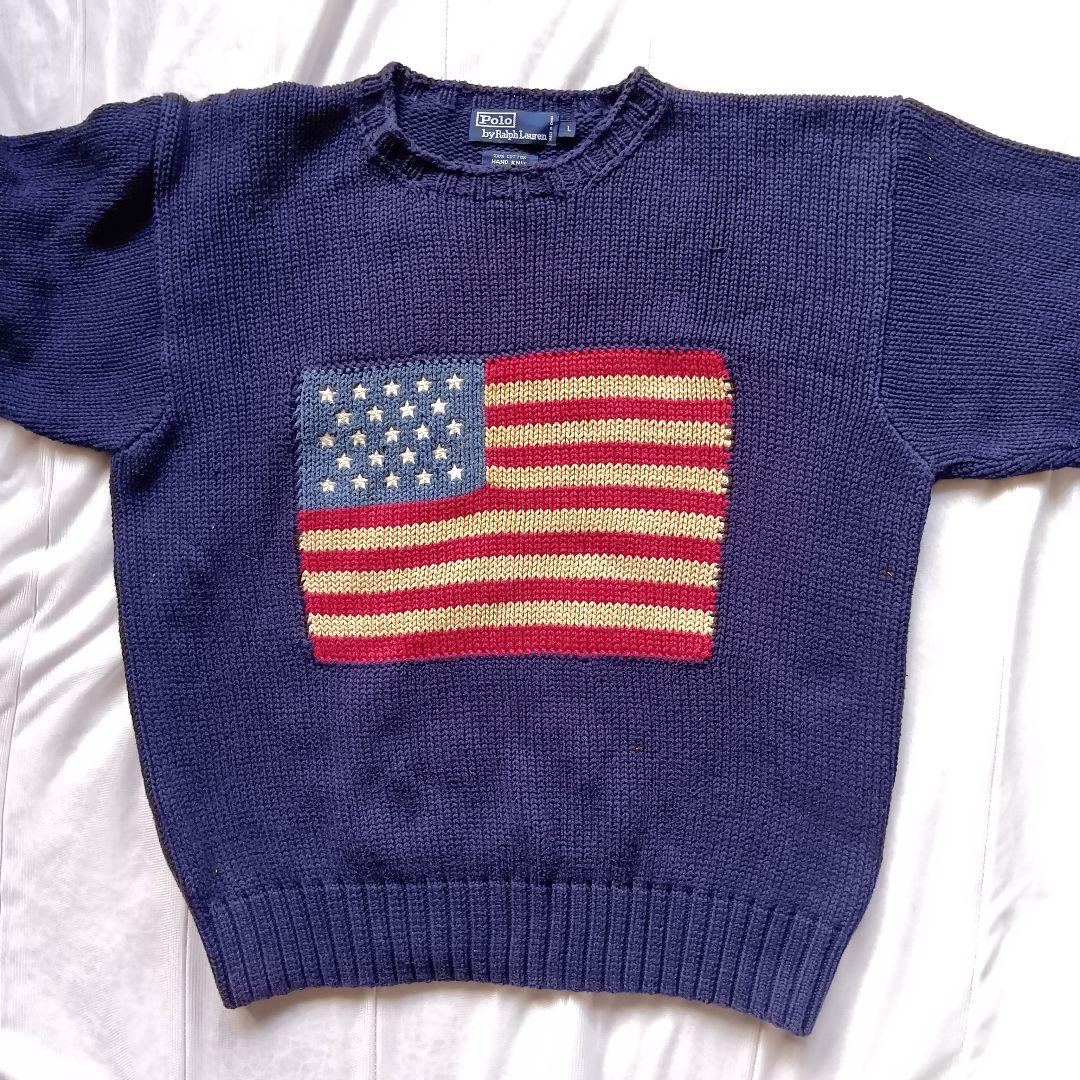 【希少・手編み】90s ポロ ラルフローレン 星条旗 コットン ニット L 紺