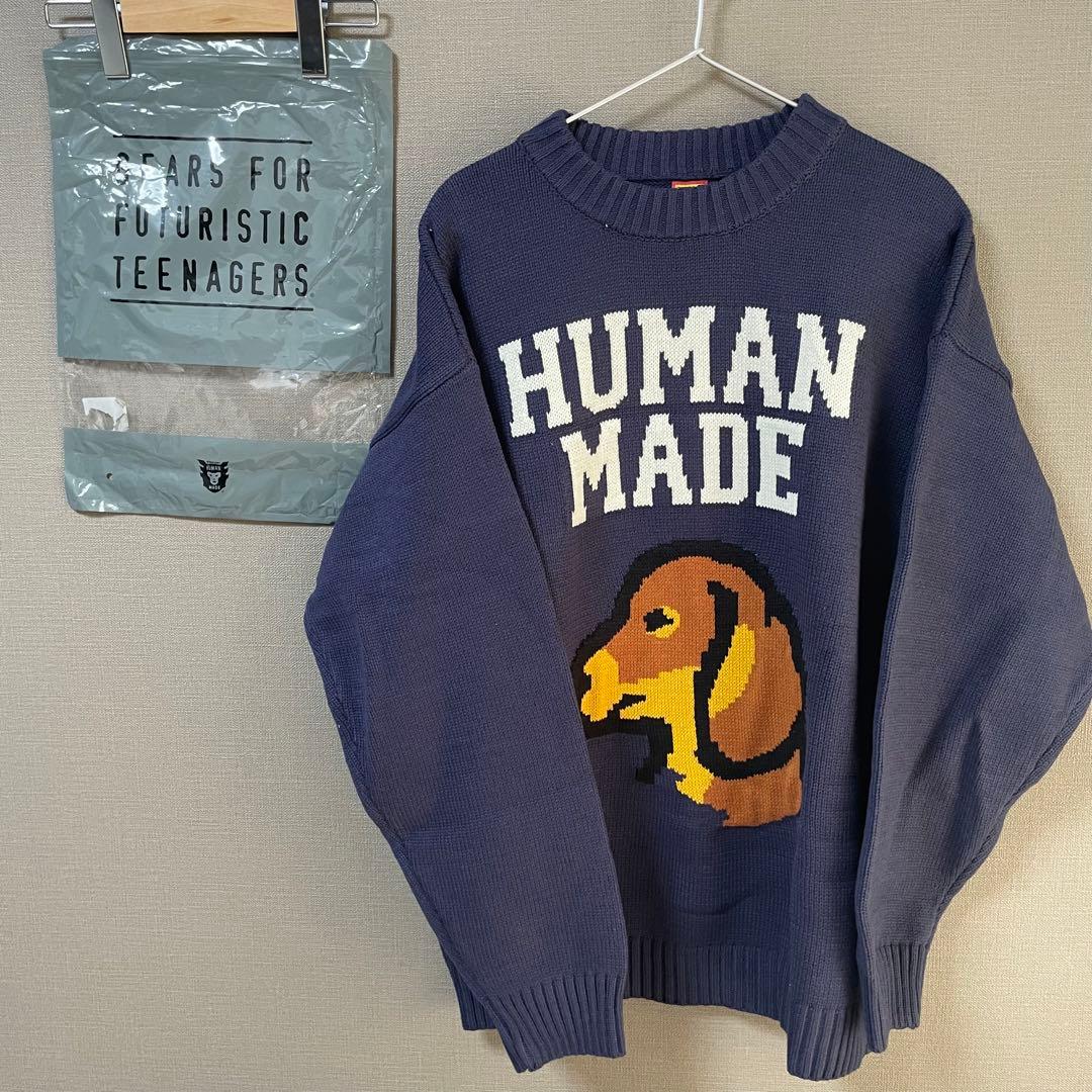 HUMAN MADE 犬刺繍 ニットセーター ネイビー　ドッグ　ダックスフンド