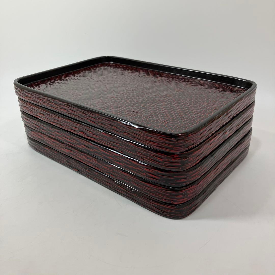 A2C57■籃胎漆器 銘々盆中五枚木箱 お盆 らんたい漆器 九藍 木箱付き