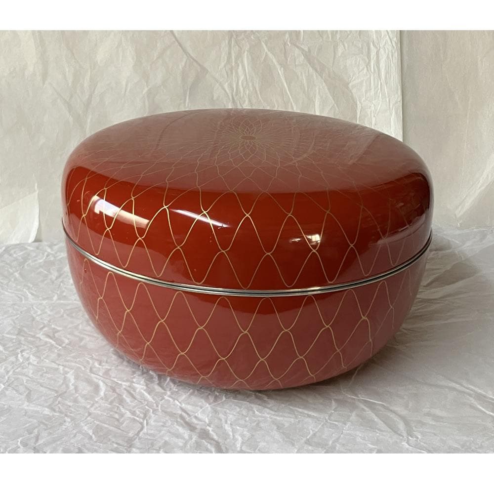 F1418 岡本陽斎 金網目蒔絵 朱喰篭 共箱 菓子器 蓋物 喰籠 食籠 茶道具