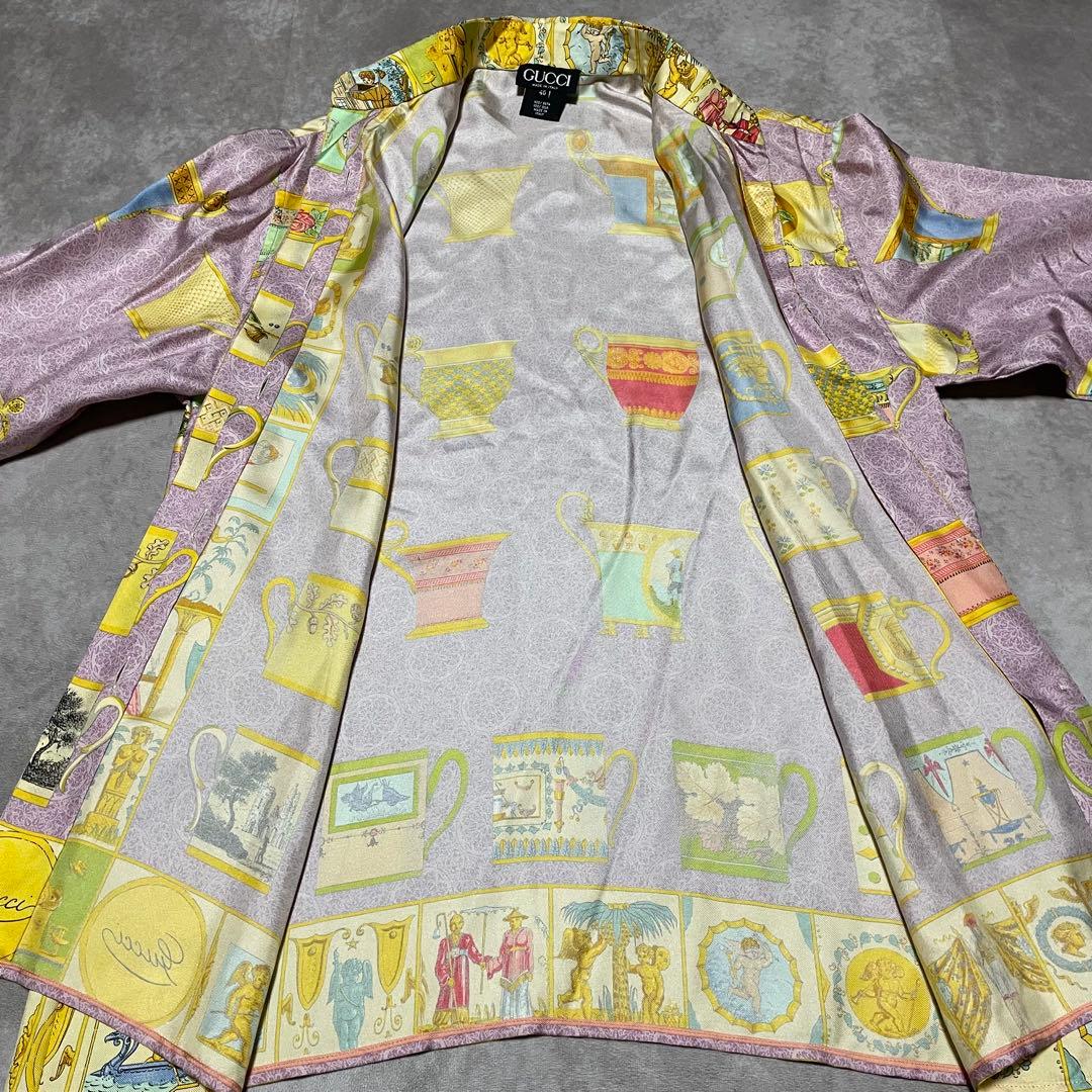 希少　グッチ　GUCCI （40） マグカップ柄シャツ　総柄　シルク100%