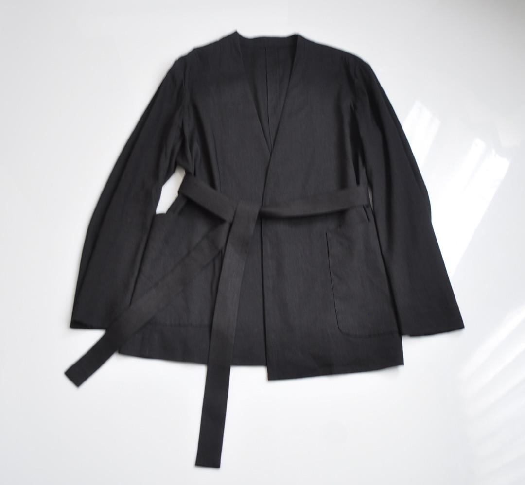 ジョンスメドレー リネン ノーカラージャケット ウエストベルト付 黒 麻