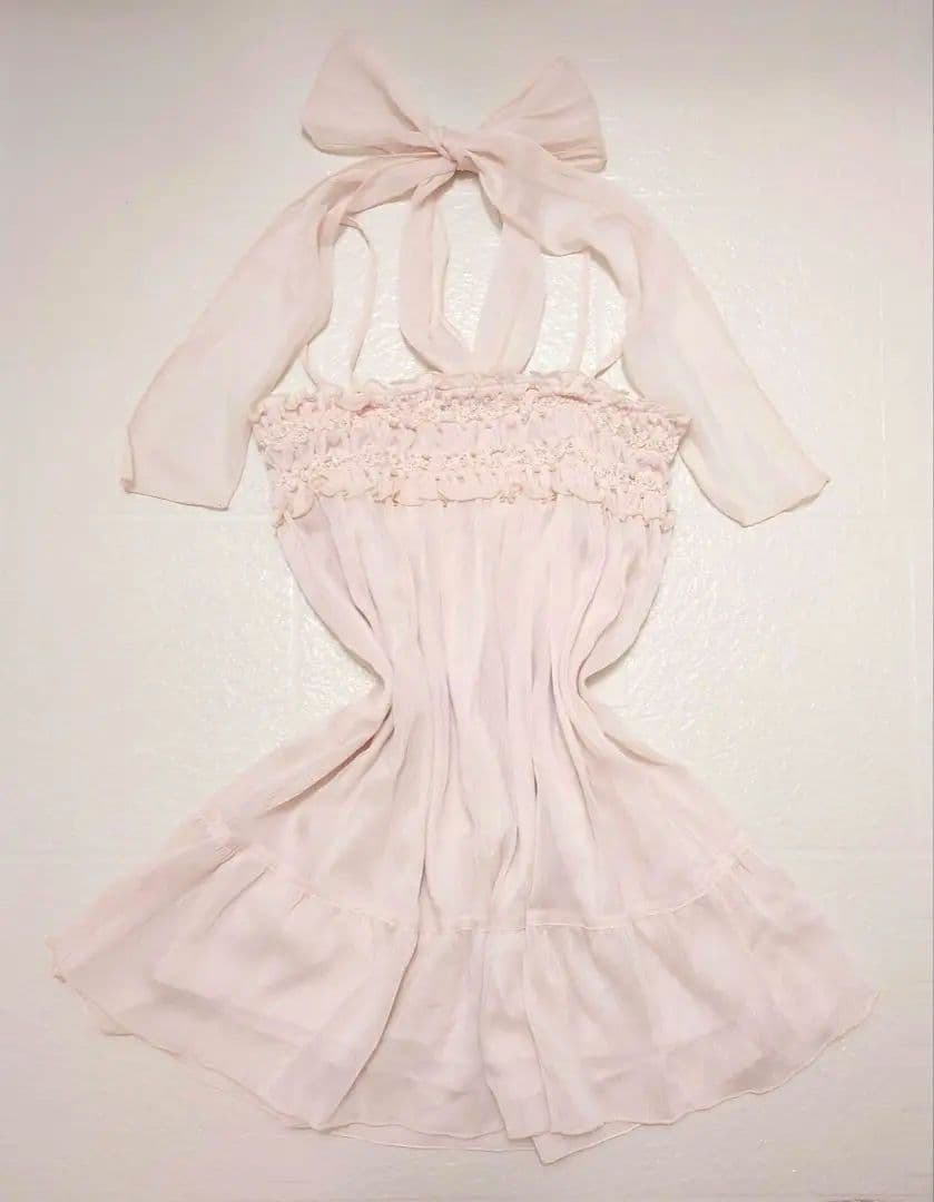 リボン付きキャミソール ホルターネック ピンク シフォン