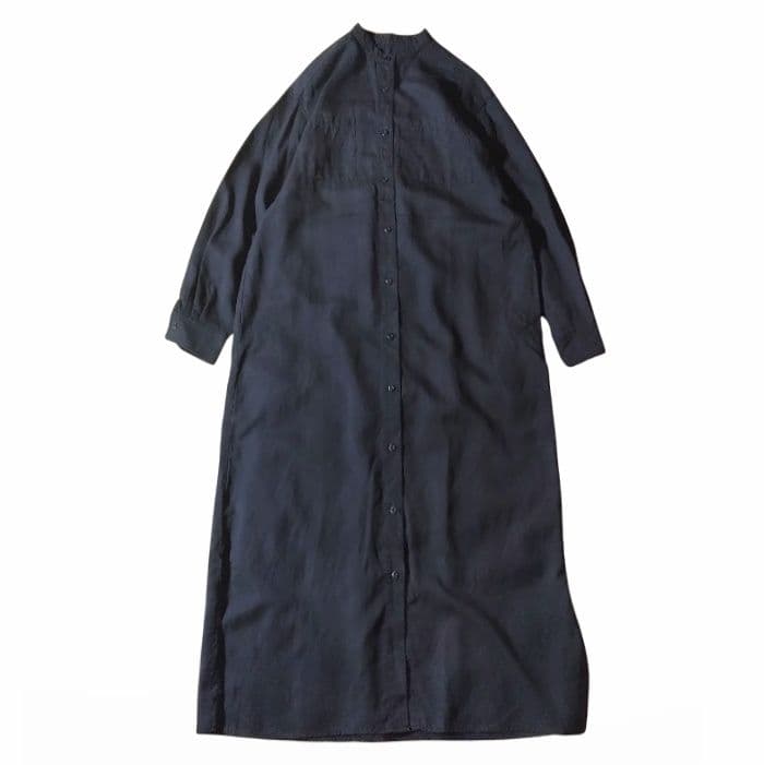アンタイトル シャツワンピース ロング ネイビー 無地 L 長袖 バンドカラー