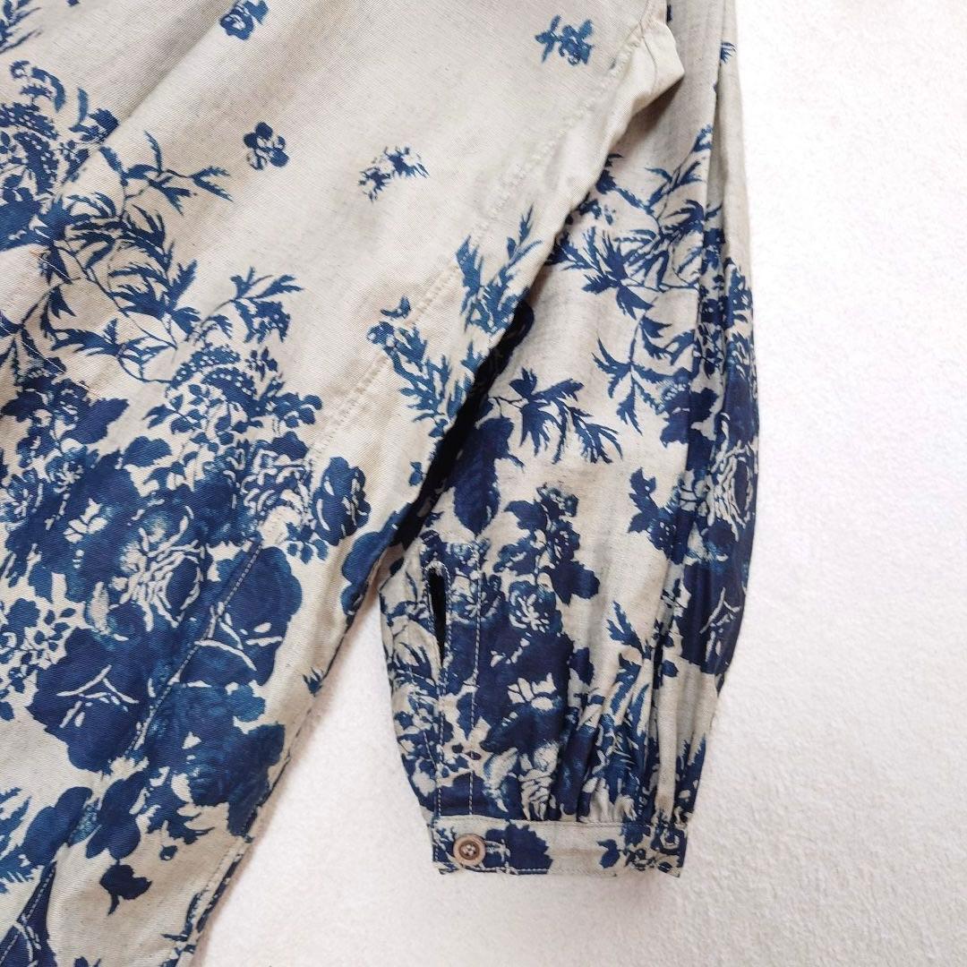 試着のみ45R インディゴ抜染ローズプリントのスモックドレス 45rpm