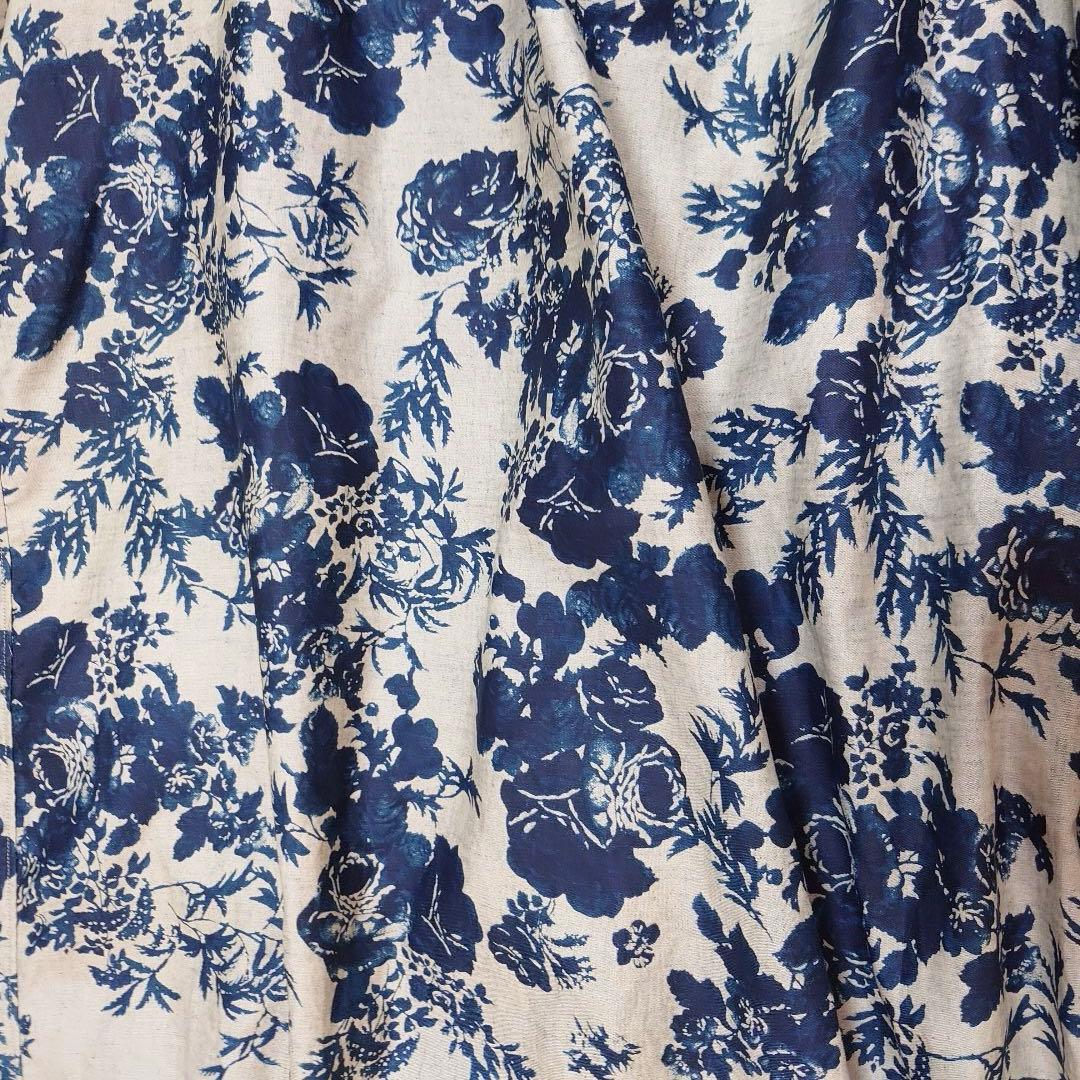 試着のみ45R インディゴ抜染ローズプリントのスモックドレス 45rpm