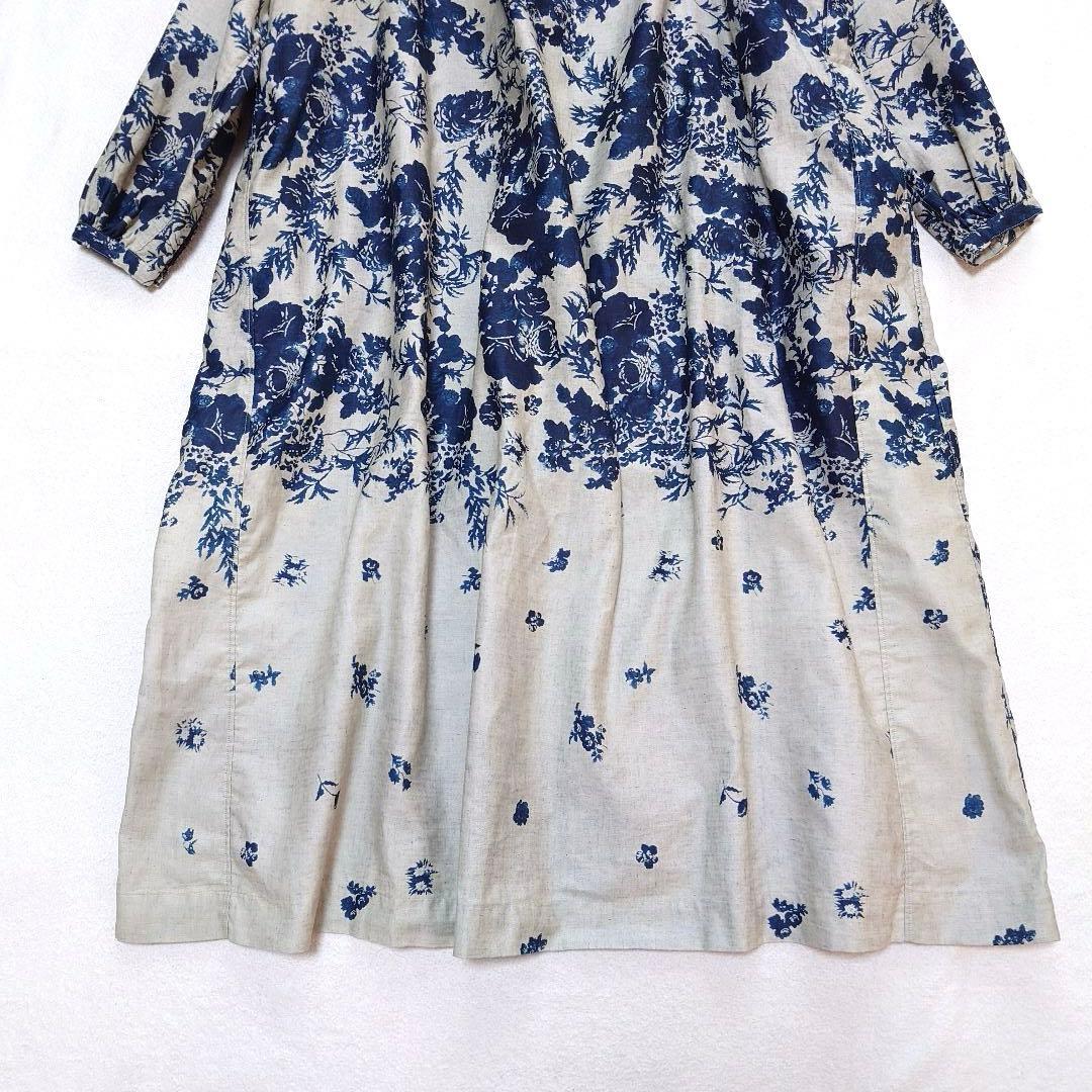 試着のみ45R インディゴ抜染ローズプリントのスモックドレス 45rpm