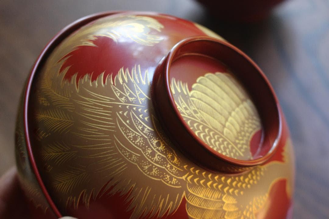 時代逸品！上質朱漆に極上鳳凰沈金蒔絵の映える大椀2点（検輪島塗雑煮椀煮物椀