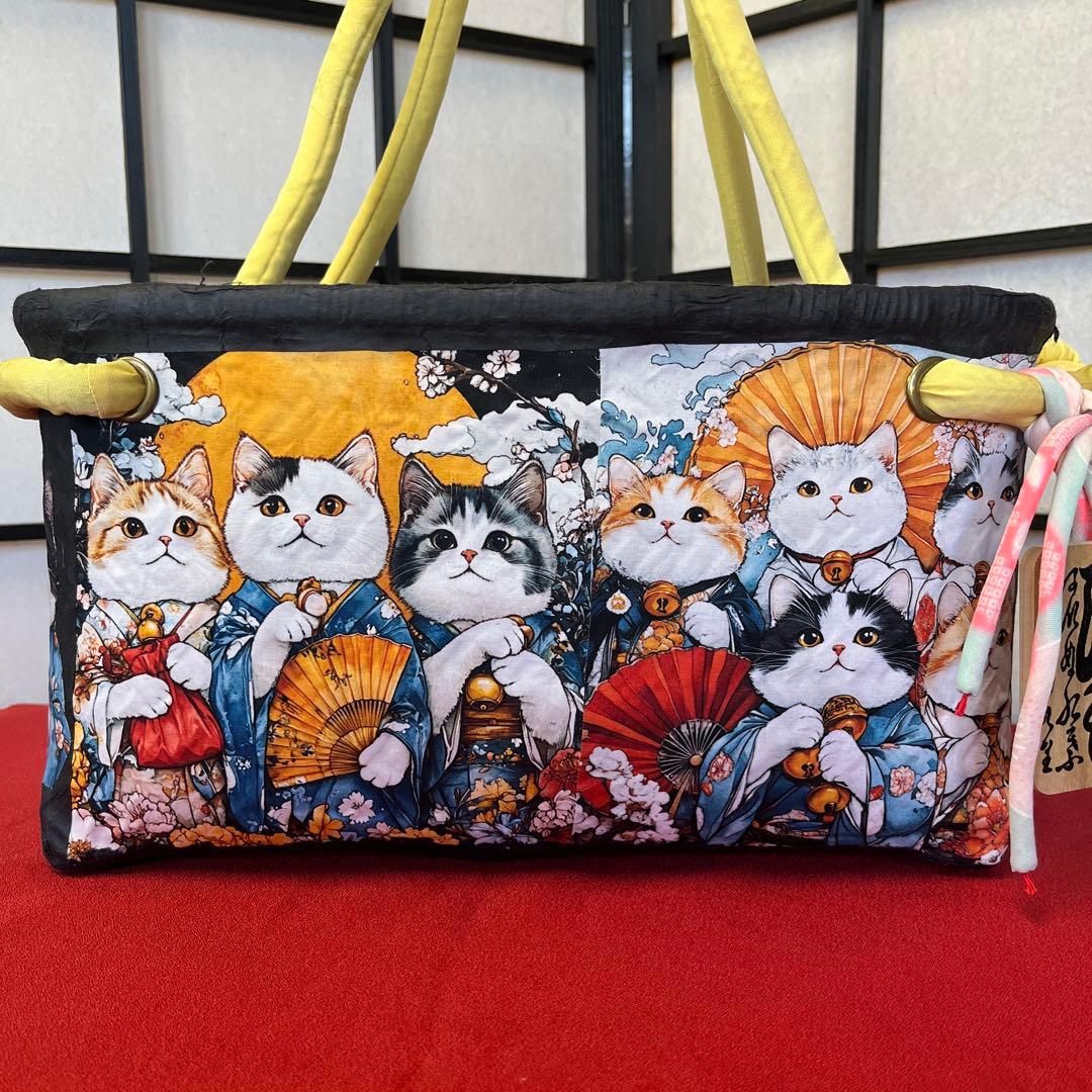 猫がいっぱい 一閑張り バッグ かごバッグ ハンドバッグ 和柄 猫 横長大きめ