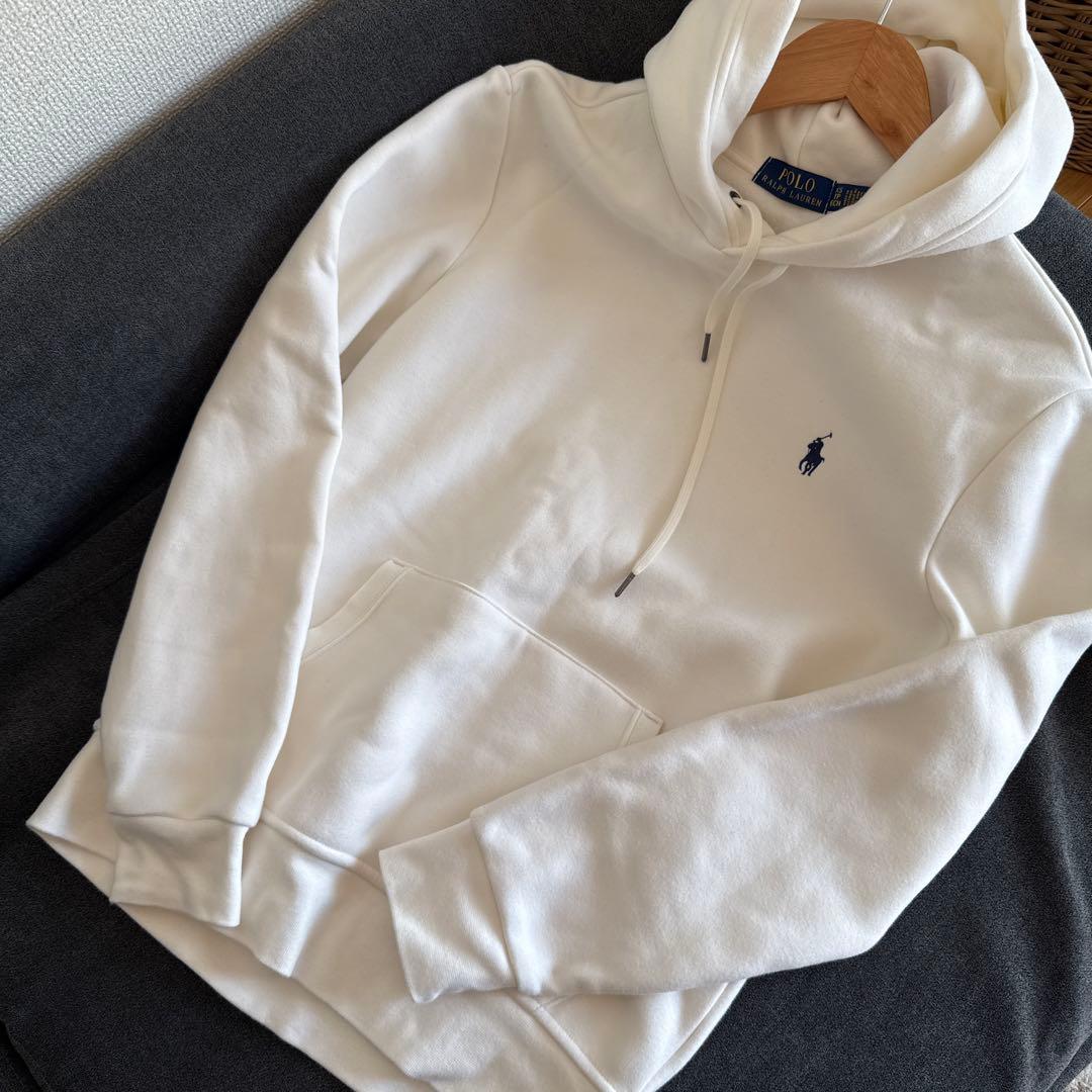 ホワイト パーカー フード付き ポロ刺繍