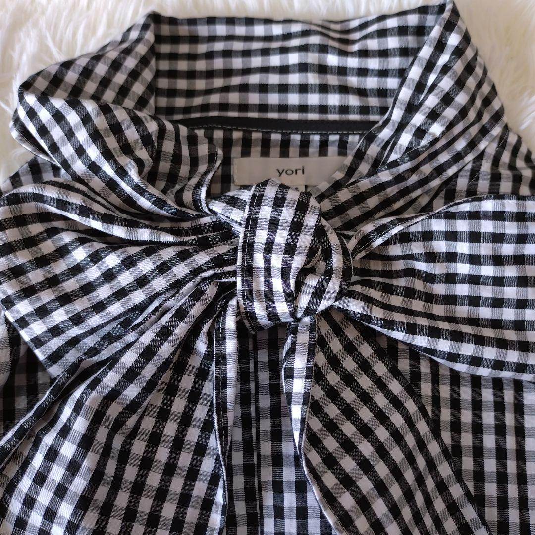 ヨリ Yori ギャザースリーブ ギンガムチェックブラウス ボウタイ リボン