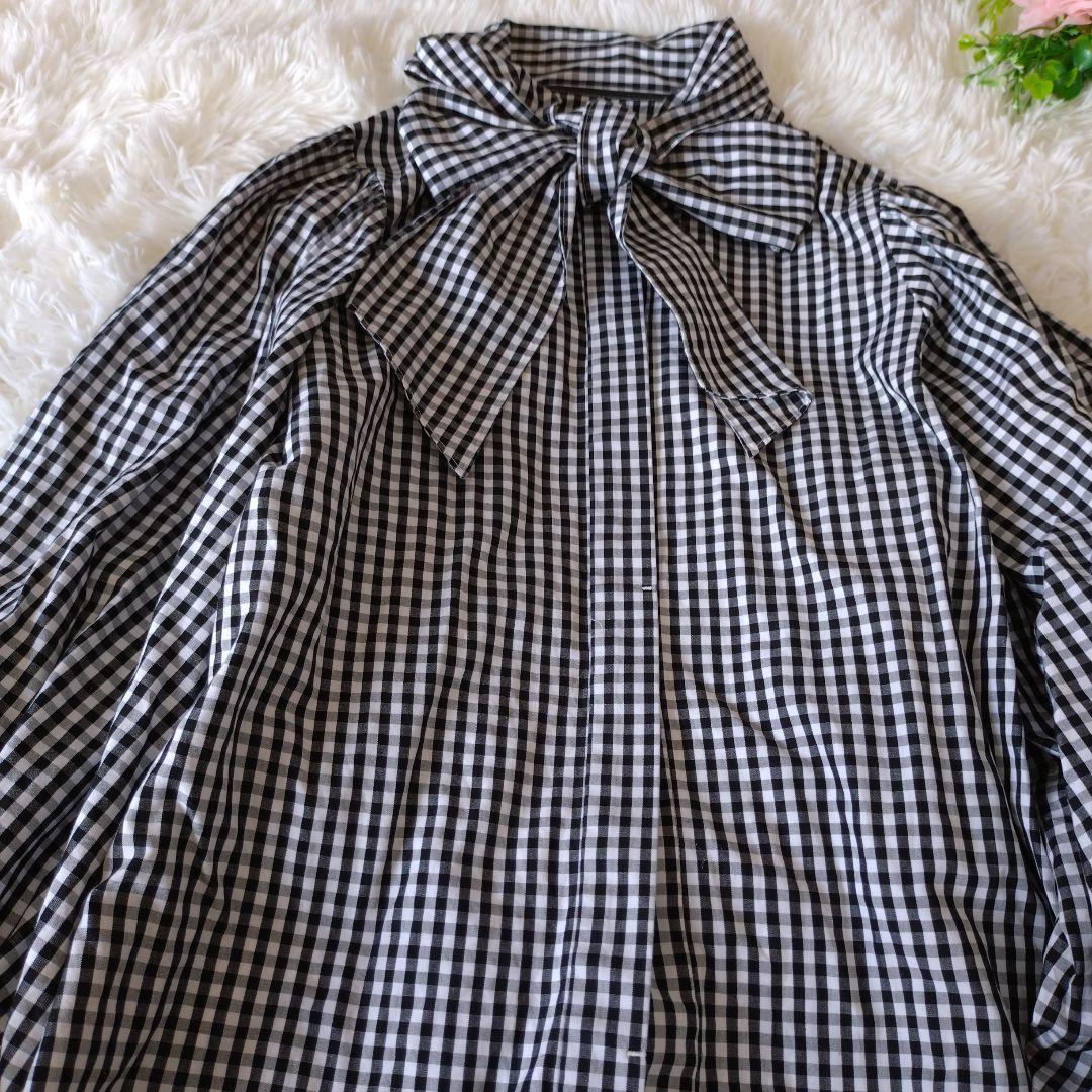 ヨリ Yori ギャザースリーブ ギンガムチェックブラウス ボウタイ リボン