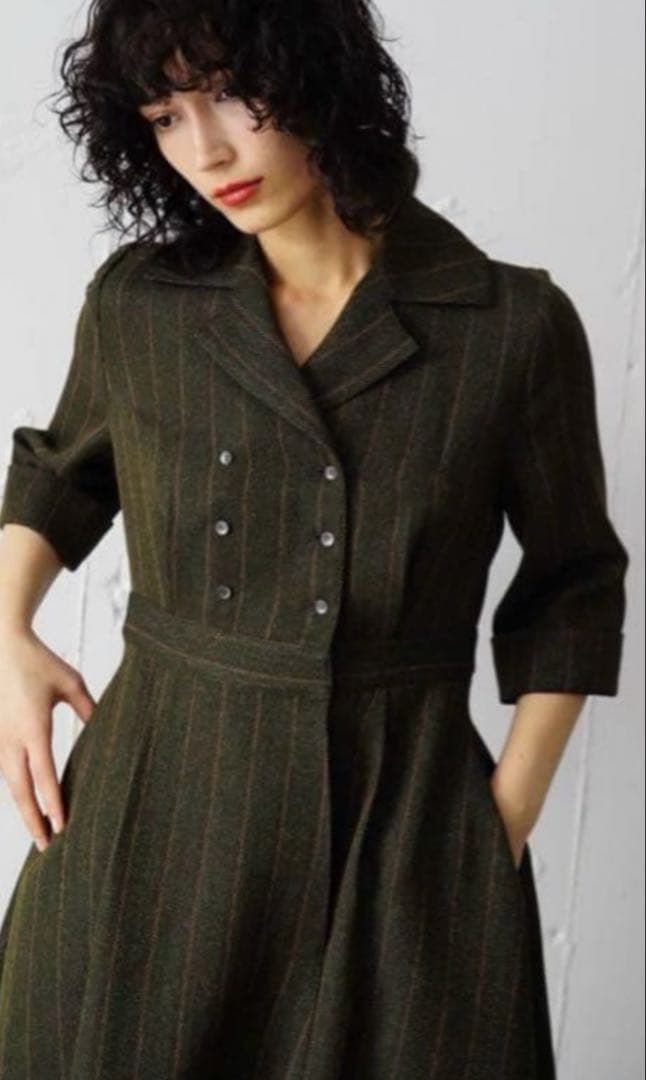 美品foufou フーフー オープンカラーヘリンボーンワンピース1