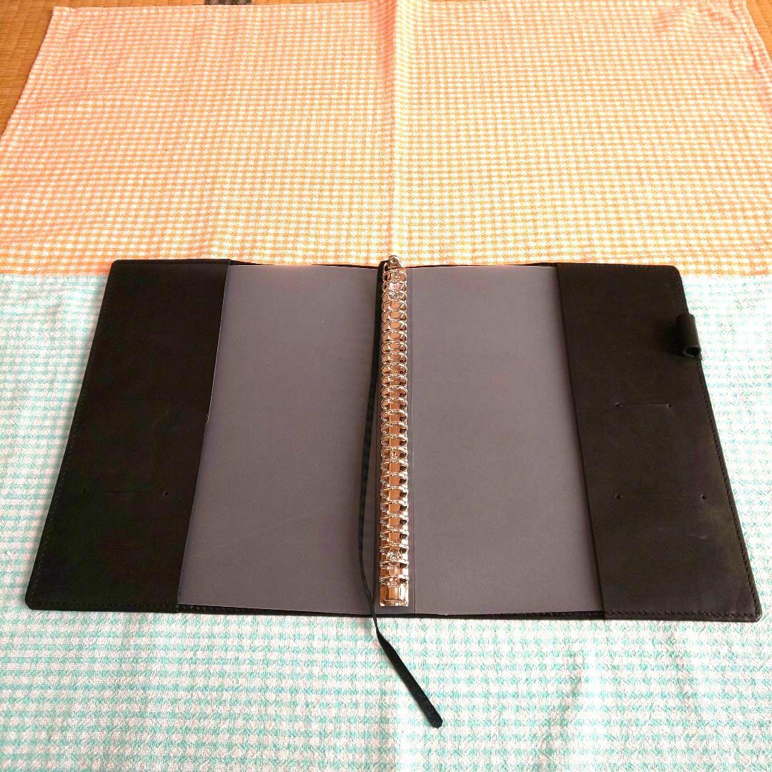 オイルワックスヌメ革黒レザーカバー、B5 26穴バインダー付