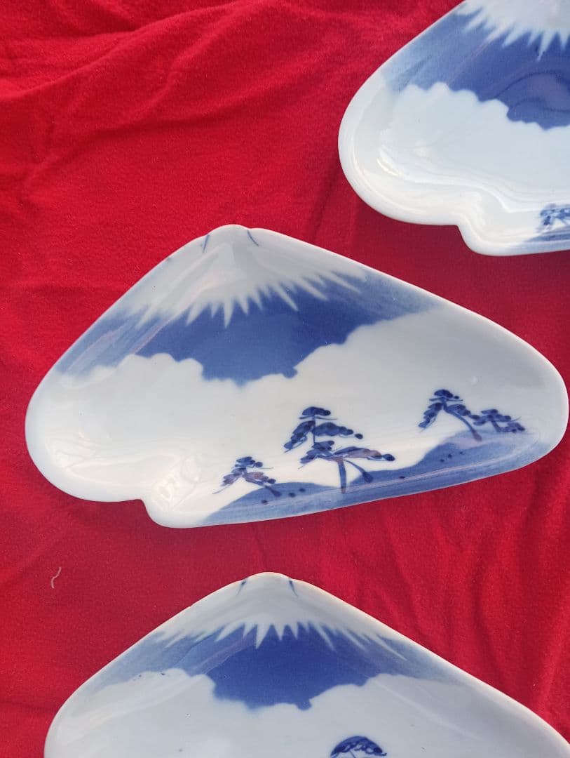富士山デザイン陶器皿5枚セット　古伊万里　変形　小皿