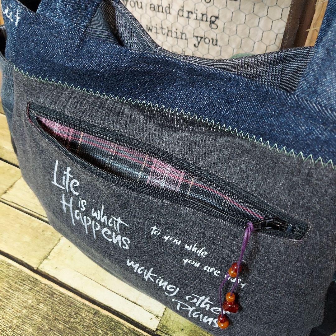 刺繍デニムバック　No.667　デニムリメイク　チューリップバック　刺繍バック