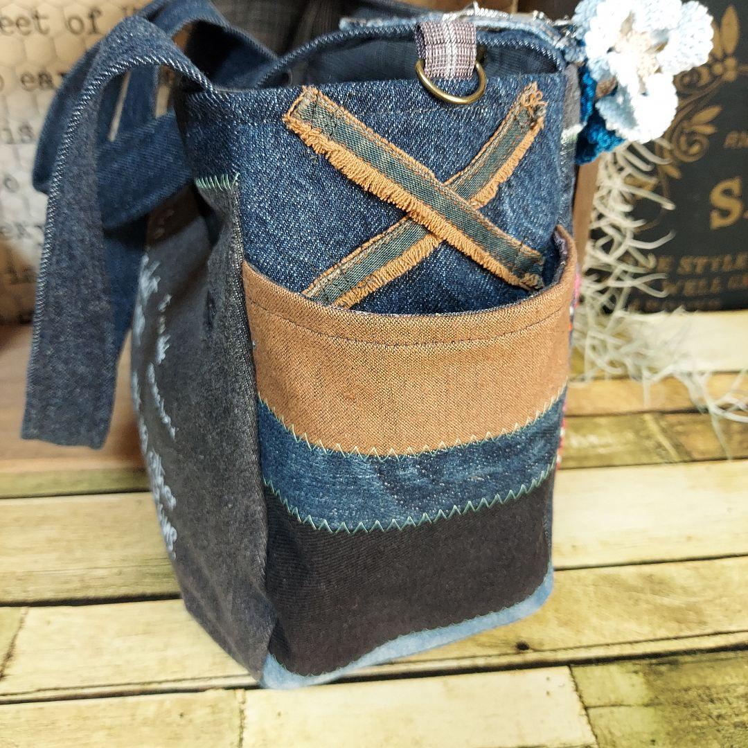刺繍デニムバック　No.667　デニムリメイク　チューリップバック　刺繍バック