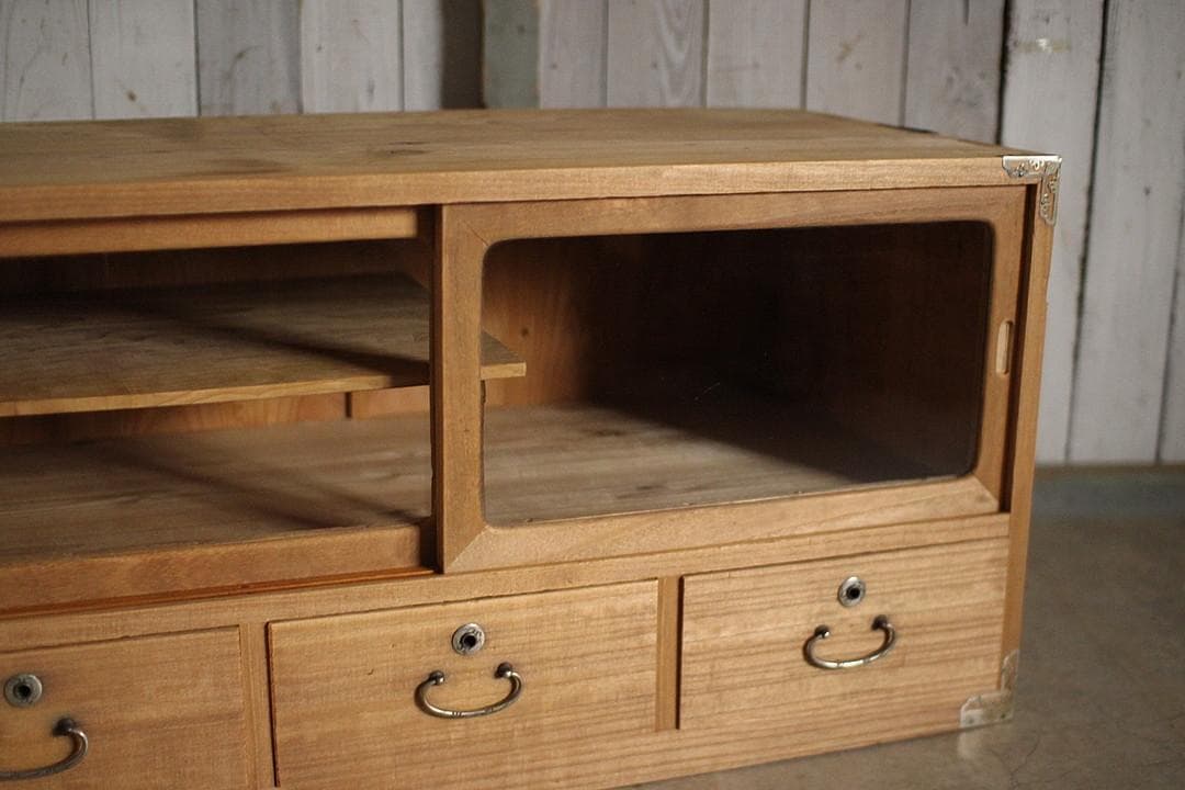 古いガラス戸棚×木製小引き出し3杯　ローチェスト　食器棚　古家具