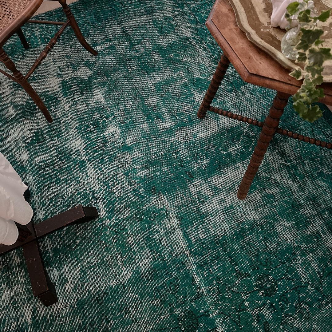 トルコ製ヴィンテージラグ981 超大判 ダークターコイズブルー オーバーダイ