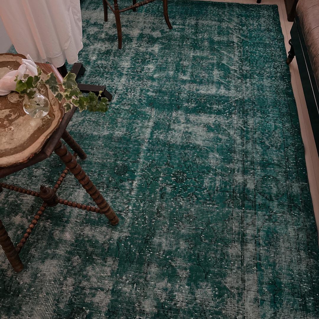 トルコ製ヴィンテージラグ981 超大判 ダークターコイズブルー オーバーダイ