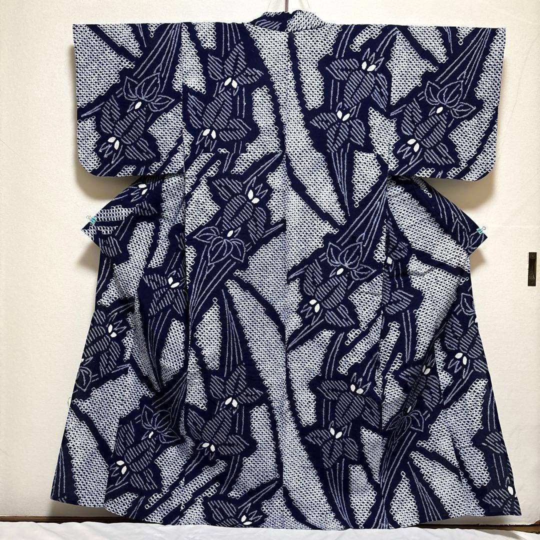 浴衣【有松絞り】白紺色 女性用 木綿 夏用 総絞り 有松鳴海絞り 菖蒲柄 藍染