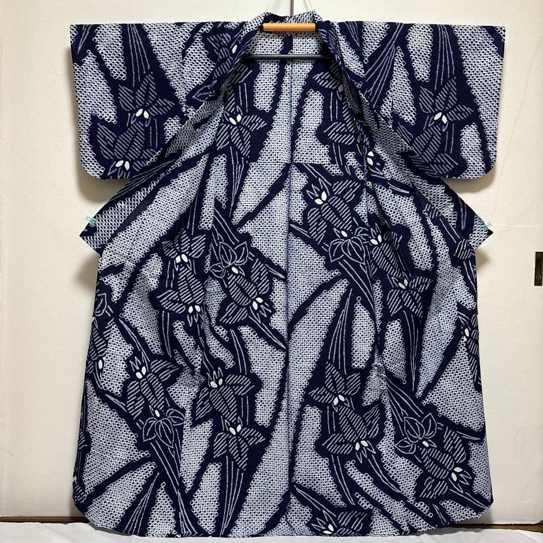 浴衣【有松絞り】白紺色 女性用 木綿 夏用 総絞り 有松鳴海絞り 菖蒲柄 藍染