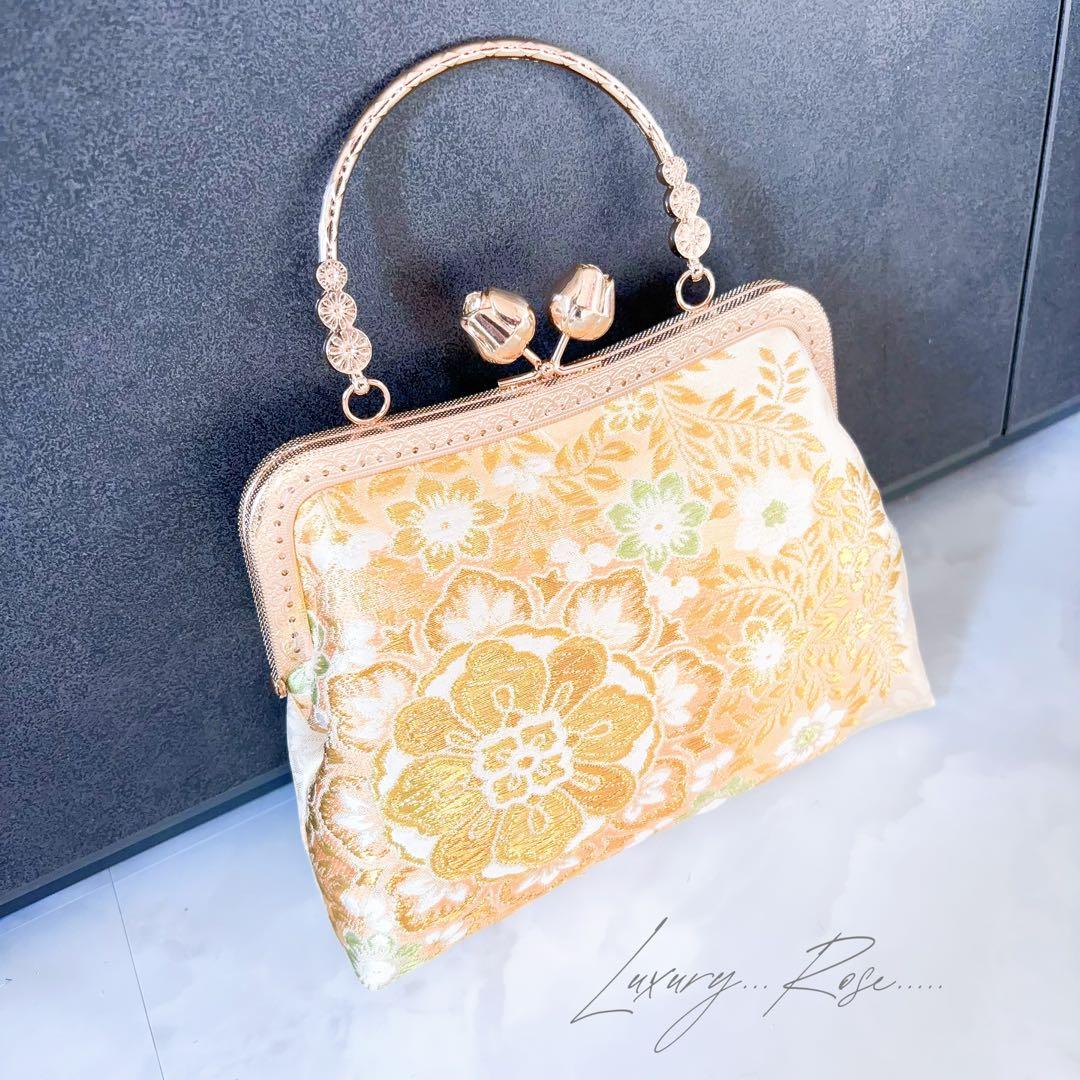 1月新作！若葉の息吹♡優しいゴールド真珠箔ヨーロッパの意匠♡高級帯地バッグ