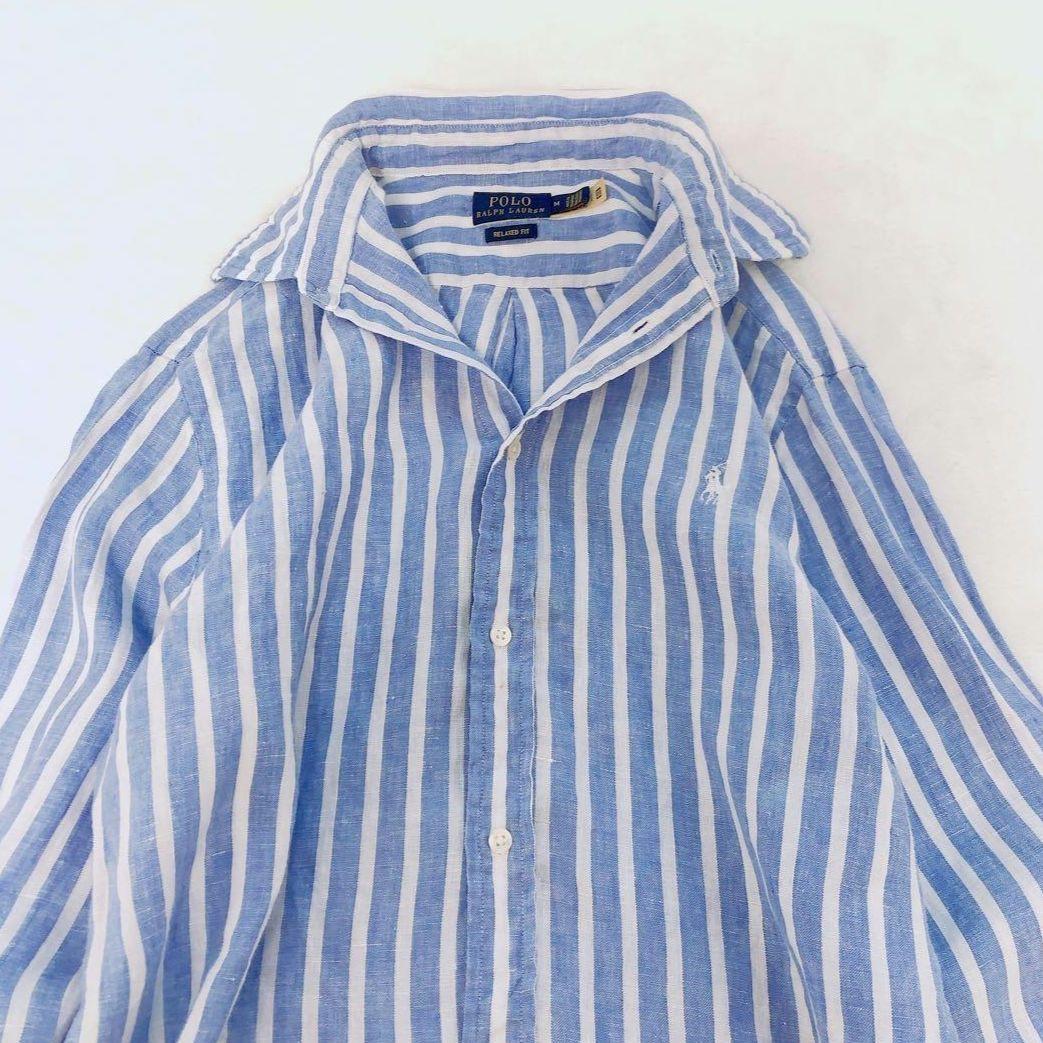 RALPH LAUREN ラルフローレン　ストライプ　リネンシャツ　ブルー　M