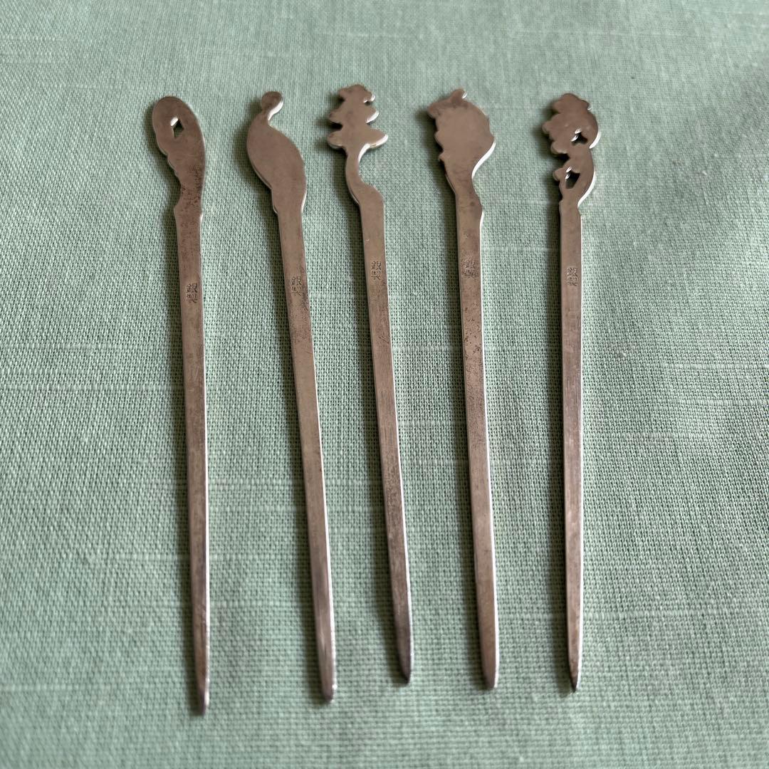 銀製菓子楊枝5本セット松竹梅鶴亀