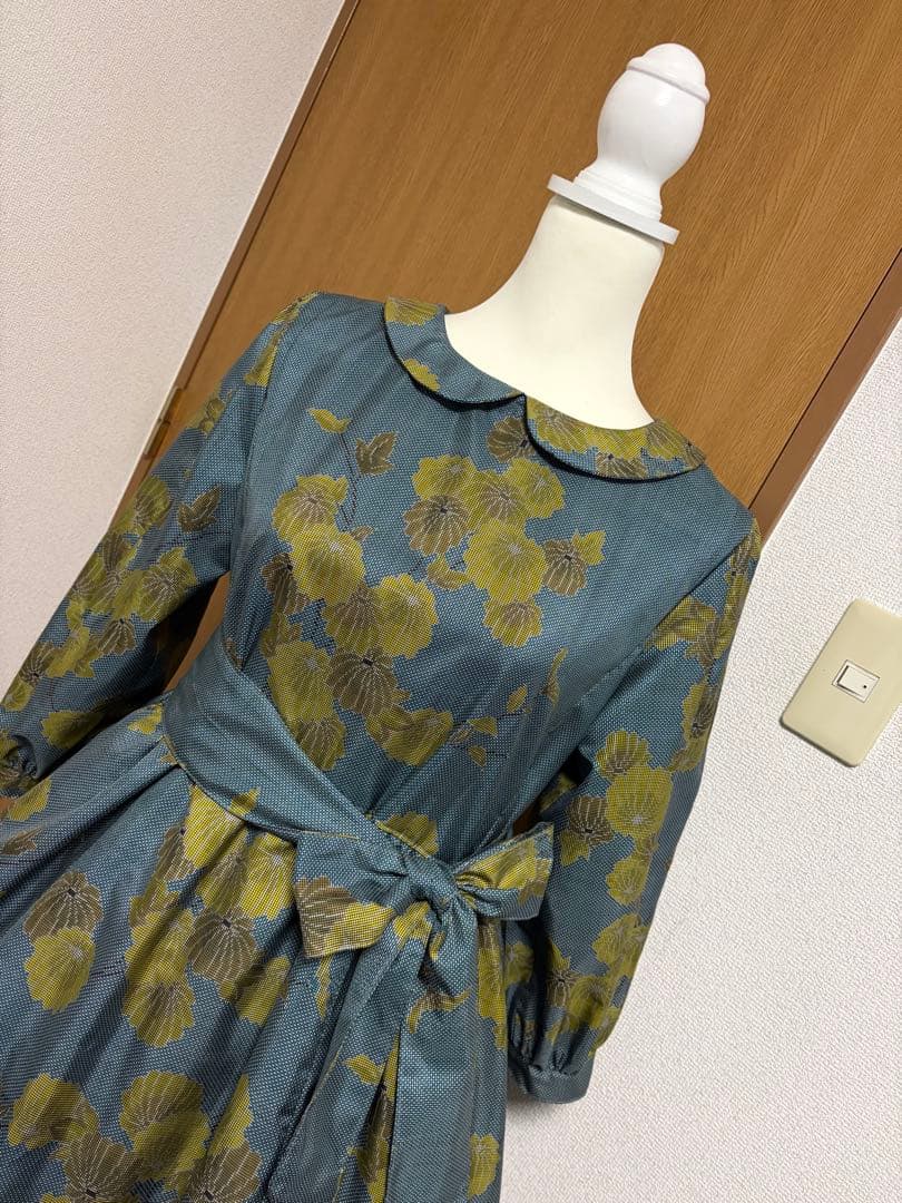 着物リメイク♪ 大島紬　ふんわりワンピース　MーL 菊模様　総裏地付き♪