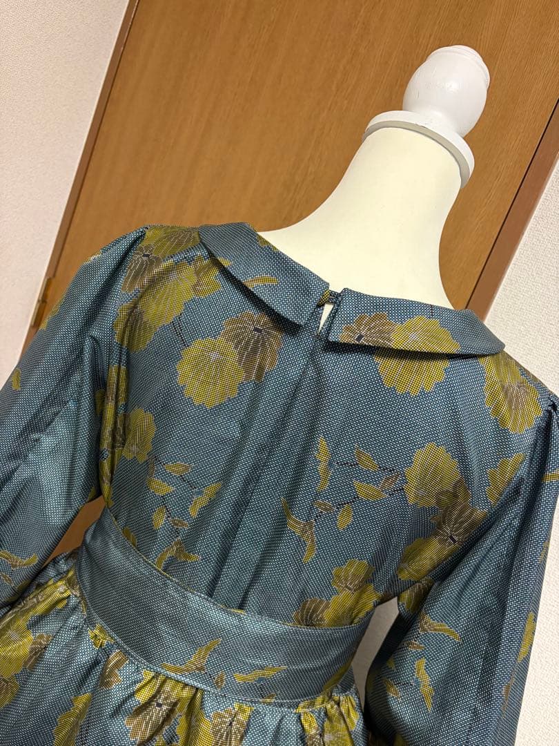 着物リメイク♪ 大島紬　ふんわりワンピース　MーL 菊模様　総裏地付き♪