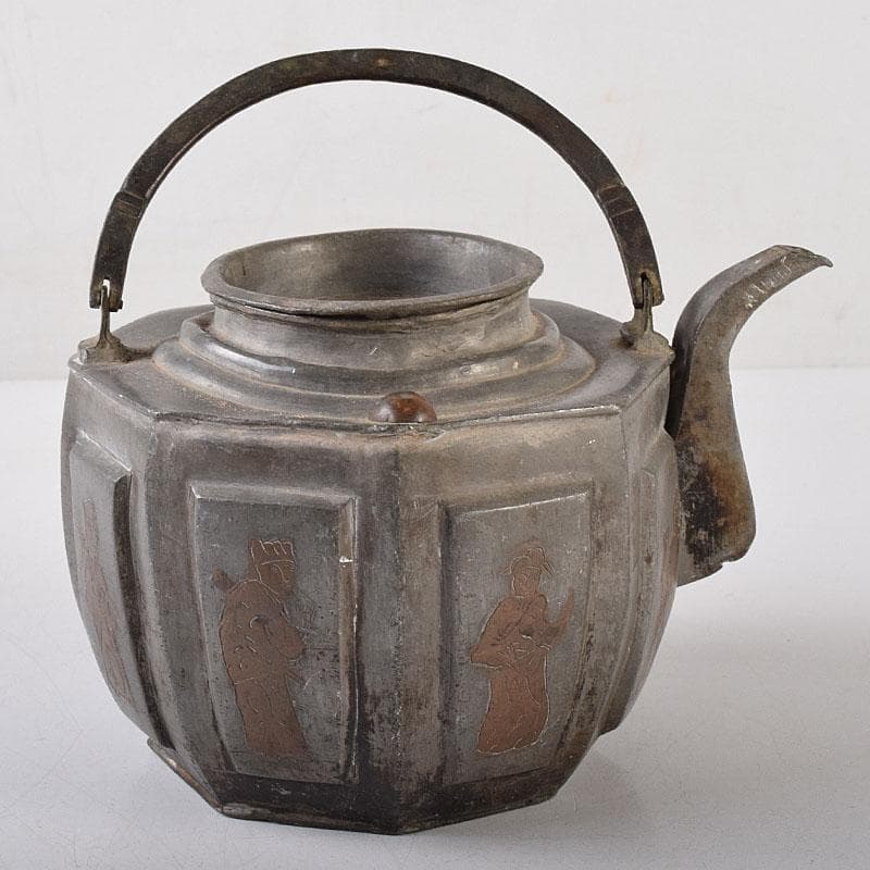 BLACK　中国　古錫　人物文　八角湯沸かし　急須　V　8087