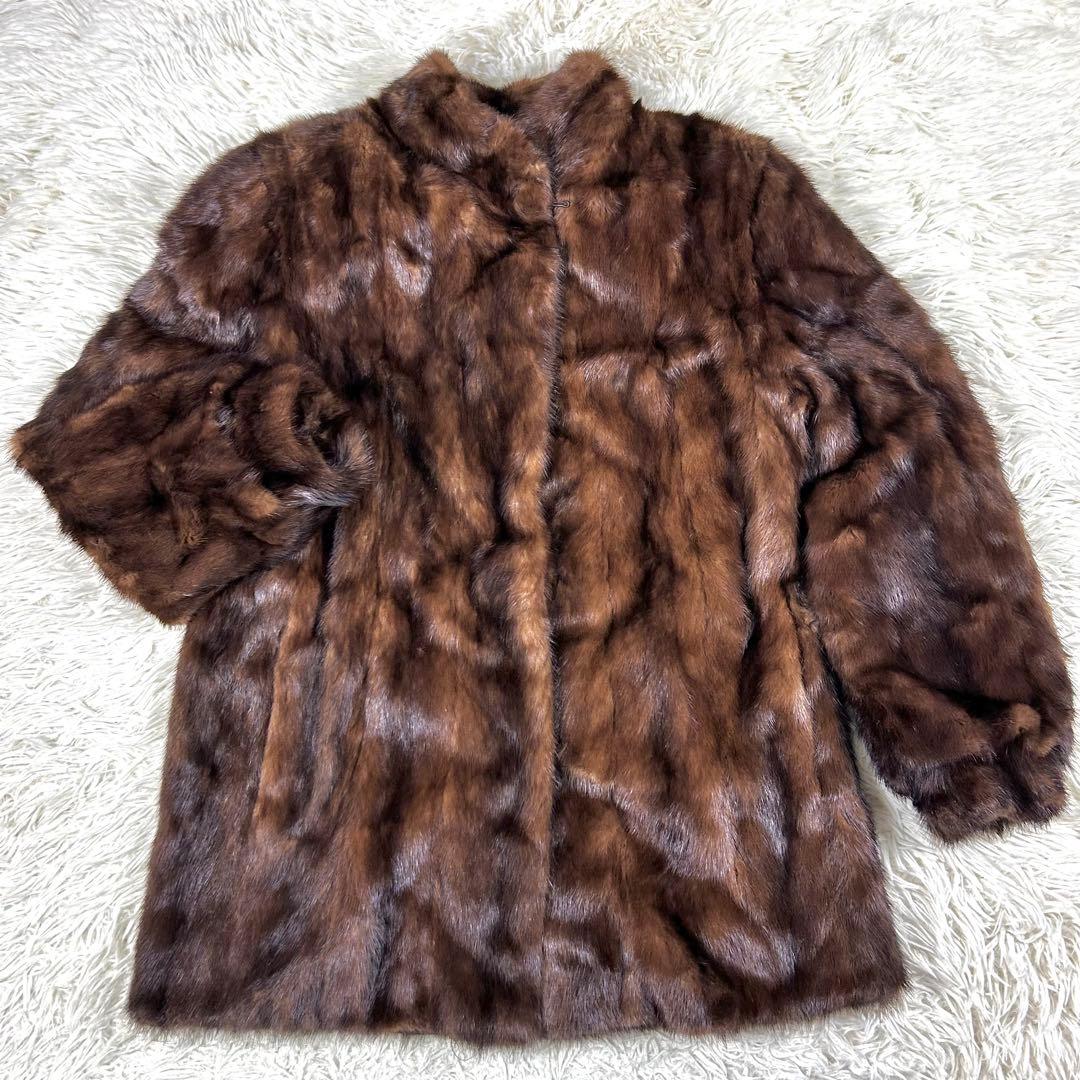 デミバフミンク 毛皮コート ブラウン ヴィンテージ 絞り袖 ミドル丈 11号