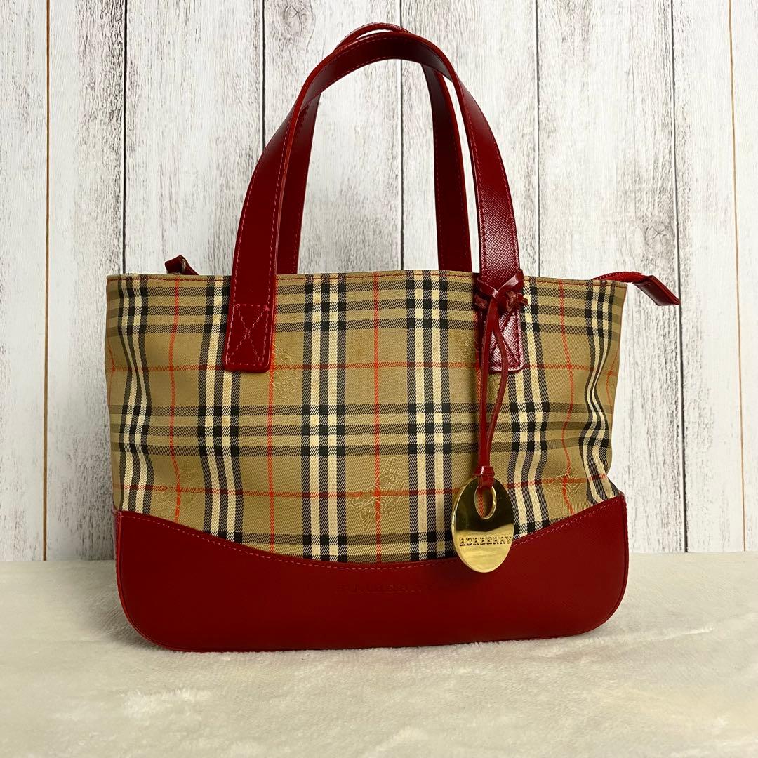 【定番人気】バーバリー ハンドバッグ キャンバス ノバチェック レッド チャーム