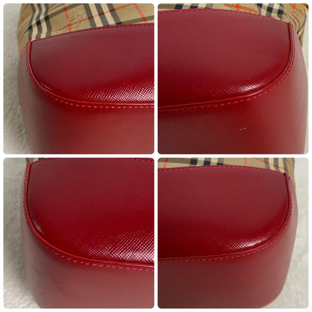 【定番人気】バーバリー ハンドバッグ キャンバス ノバチェック レッド チャーム