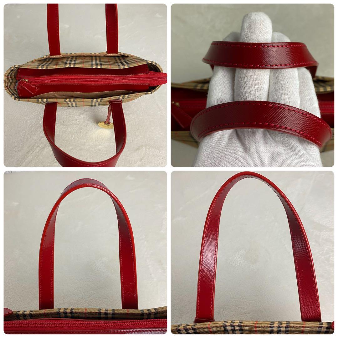 【定番人気】バーバリー ハンドバッグ キャンバス ノバチェック レッド チャーム