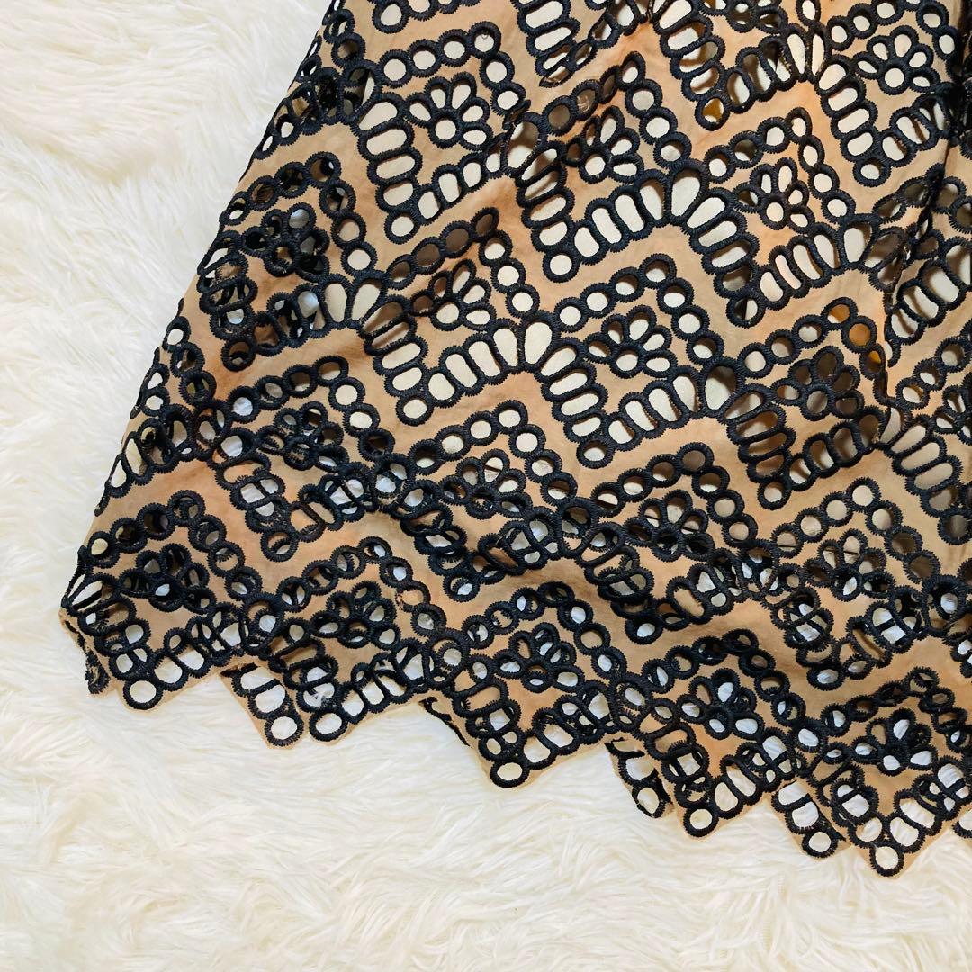 美品 ダイアグラム Aライン 総柄 刺繍 ベルト ノースリーブ ワンピース 36