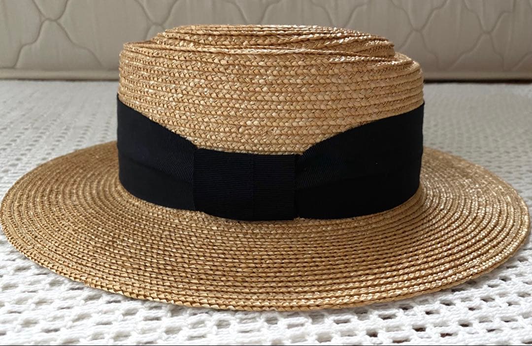 【美品】田中帽子店　アルマ　カンカン帽　黒リボン