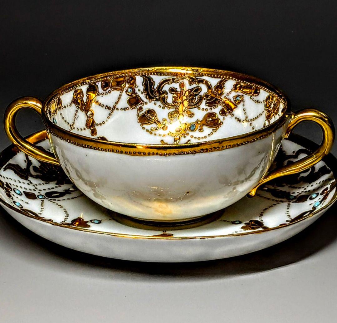 オールドノリタケ　　エナメルビジュー　金盛上　アールヌーボー　カップ＆ソーサー