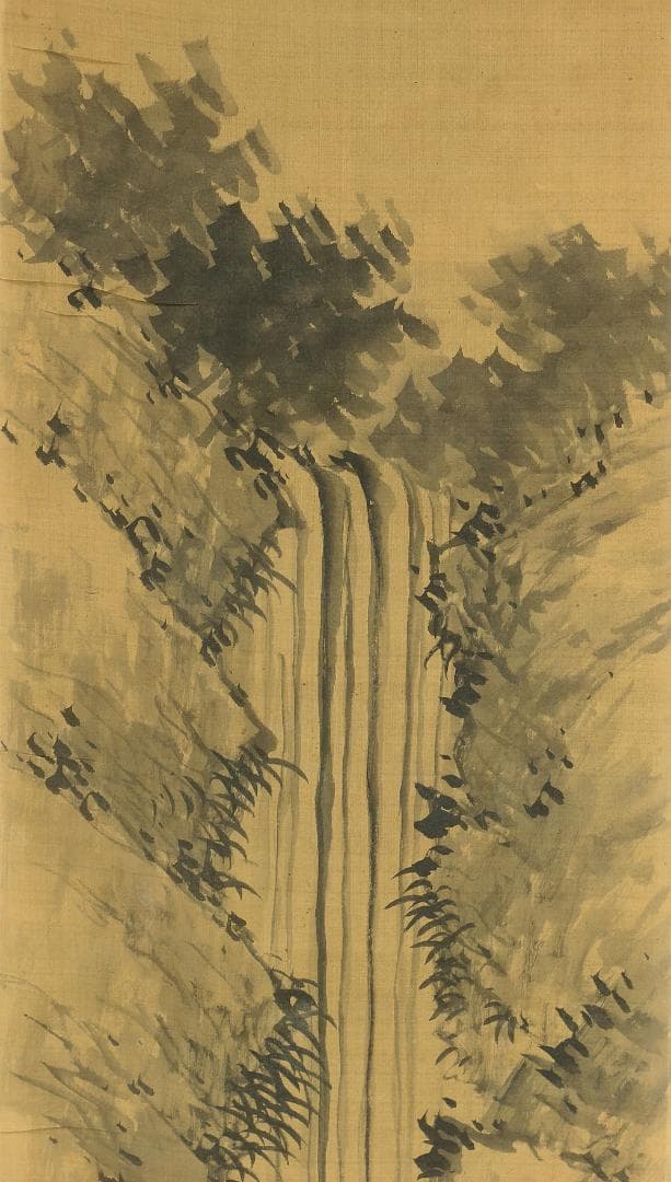 日根対山 幕末の文人画家 文化10年-明治2年 瀧図 まくり 肉筆 書 絹本