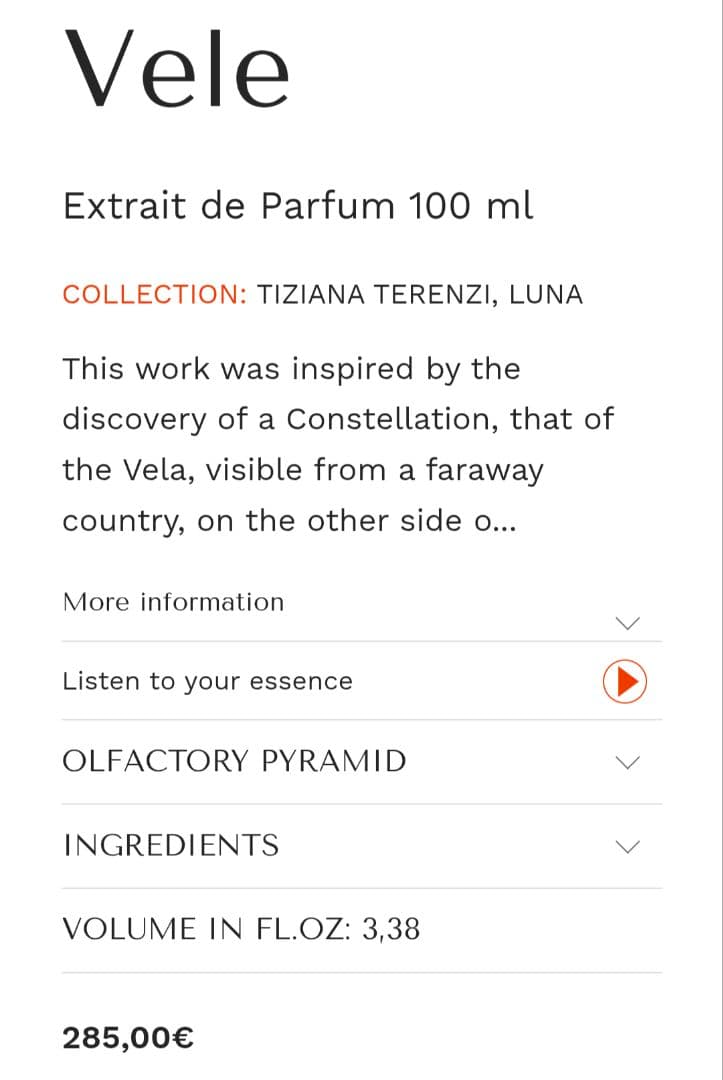 香水(女性用) Tiziana Terenzi Vele Extrait de Parfum