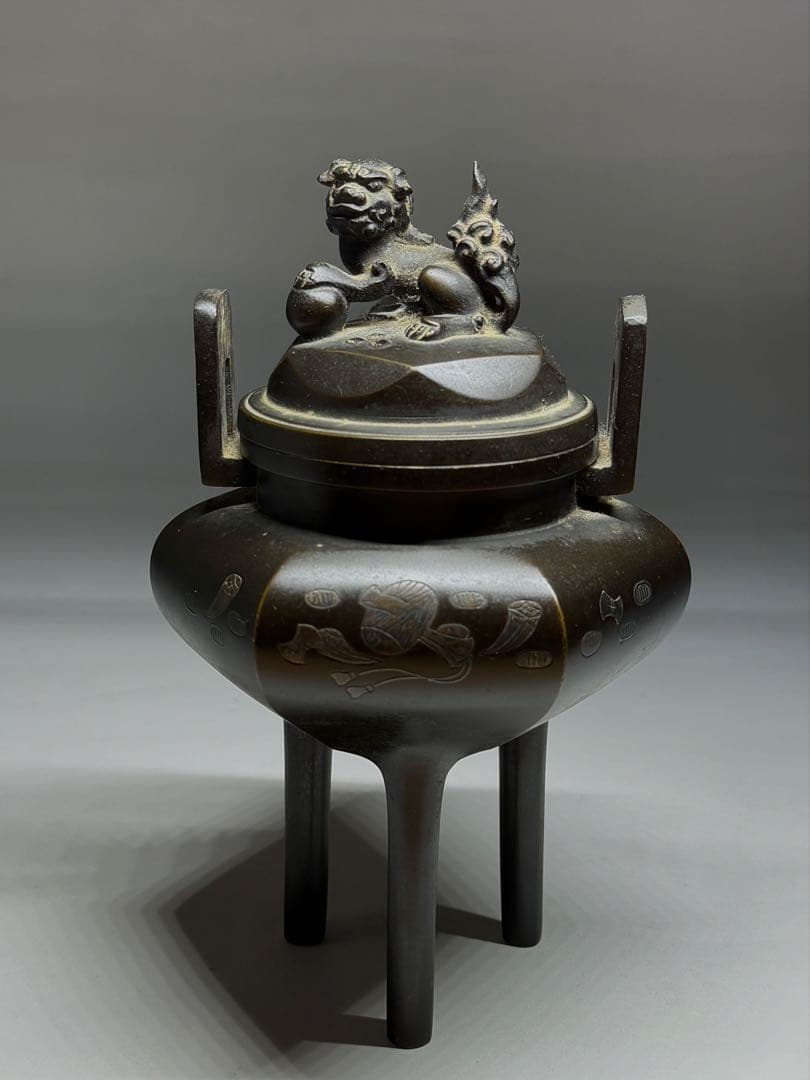 銅製　香炉　獅子蓋　宝尽くし文　銅器　茶道具　茶器　香道具　仏具